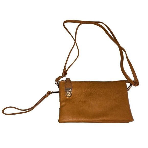 Crossbody Bag Adjustable Clutch Golden Tan Vegan Leather Wristlet Small Zip NEW - Picture 1 of 9